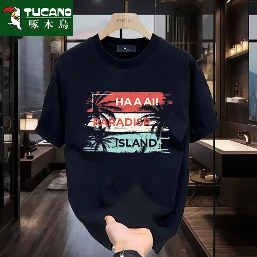 啄木鸟重磅纯棉短袖T恤男士夏季新款2025爆款休闲时尚印花圆领T恤