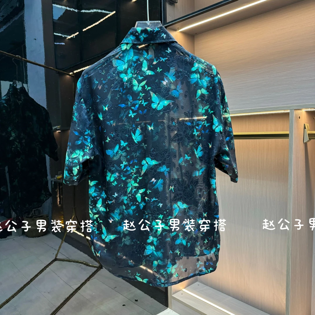 港风潮流透气超薄提花休闲长袖衬衫2025夏季时尚情侣百搭痞帅衬衣