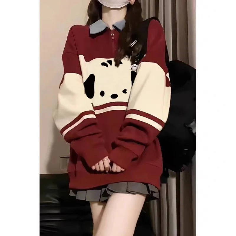 vintage黑色薄款polo领卫衣男女秋冬慵懒风宽松学生上衣情侣外套