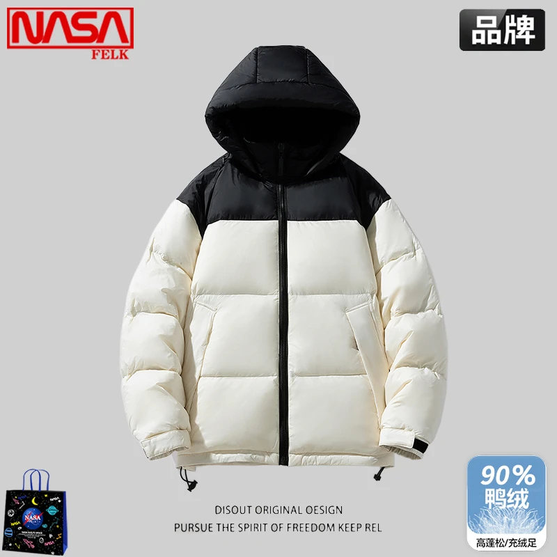 NASA潮牌男士羽绒服男款连帽袄子冬季情侣蓬松撞色90%白鸭绒外套
