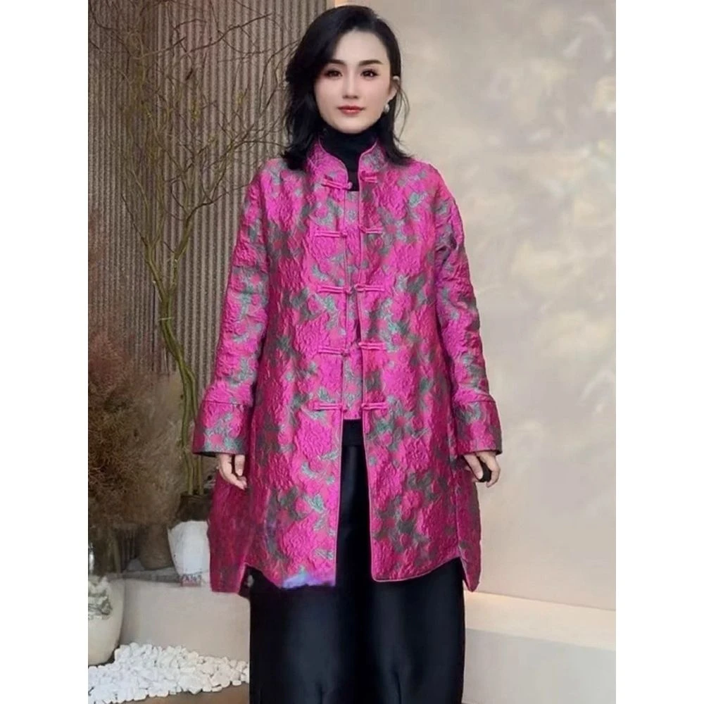 【万达撤柜】秋冬长袖阔太太高端大气国风盘扣中长款唐装风衣外套宽