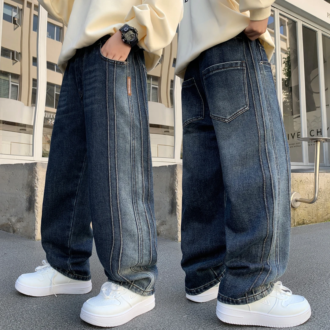 儿童牛仔裤春秋新款男童裤子中大童长裤直筒宽松男孩秋装季软蓝色