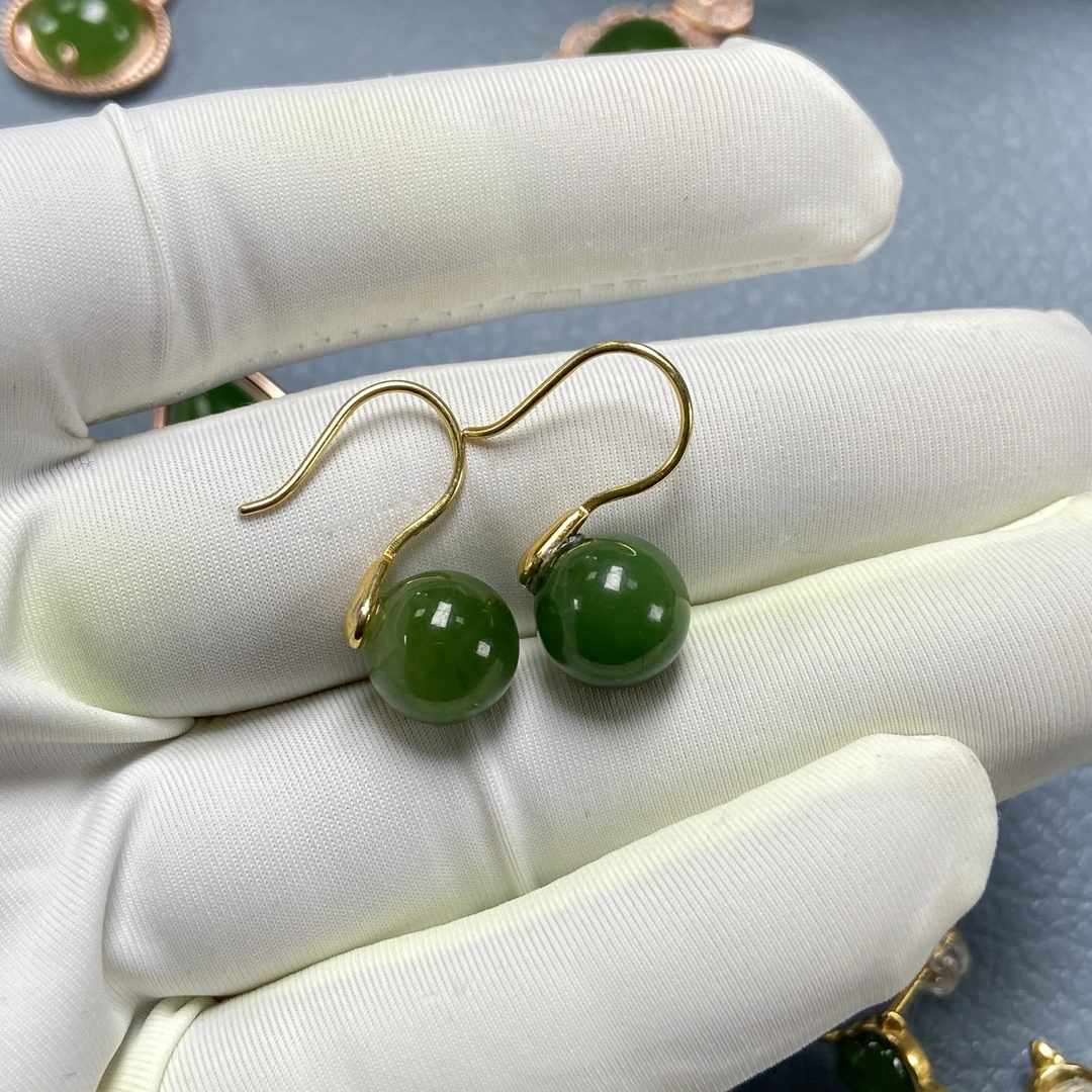 天然和田玉耳饰925银镀金9.5-10mm