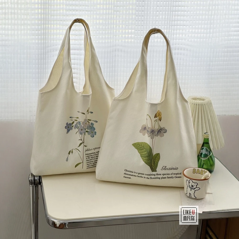 原创自制植物花卉插画简约帆布森系休闲文艺学生单肩包百搭购物袋