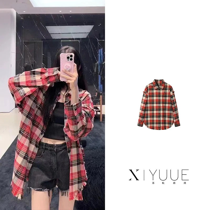 M347流苏毛边早秋新款苏格兰厚实格纹女士衬衫347