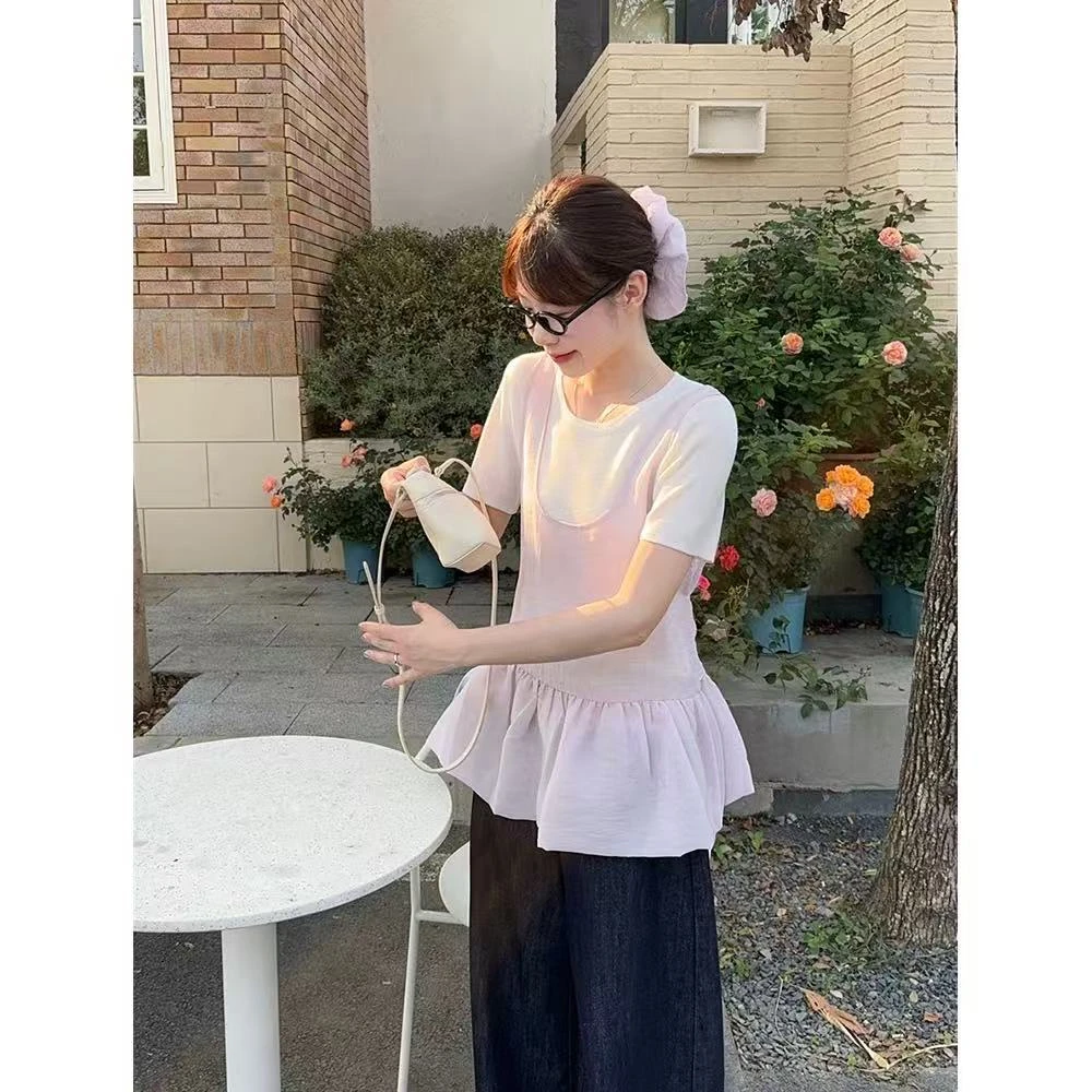 清【灿烂明媚】圆领短袖叠穿系带背心套装