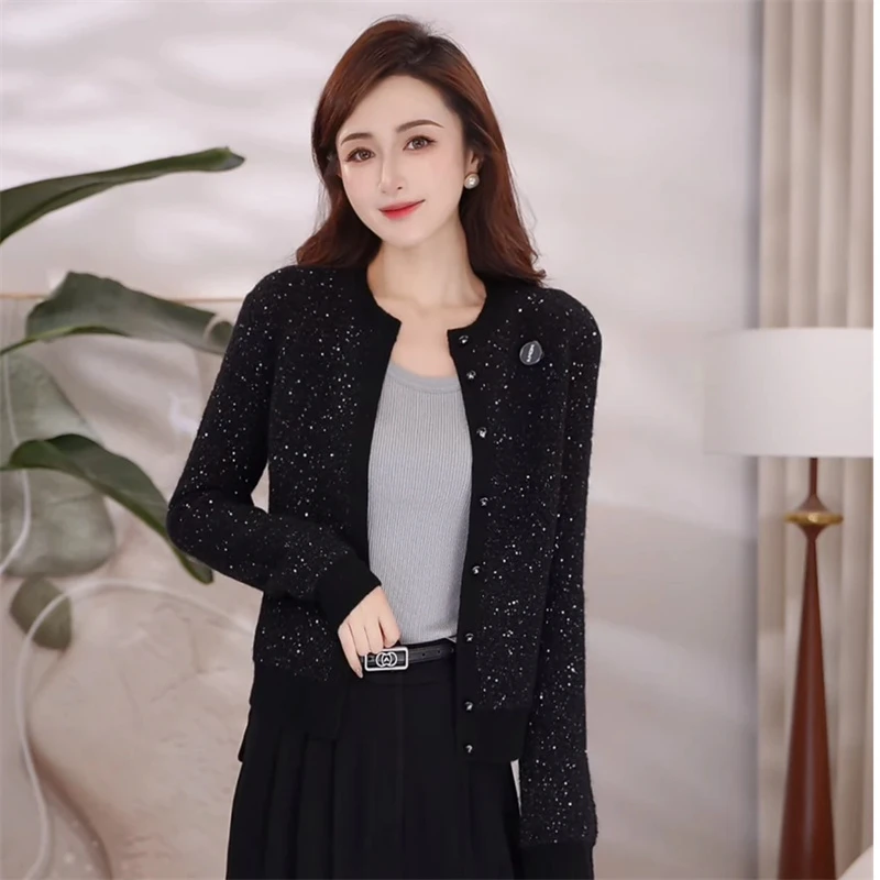 【商场同款】2025秋季新款时尚百搭黑色圆领亮片长袖针织开衫外套女