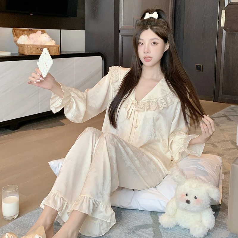 2025新款睡衣女款春秋季冰丝长袖长裤蕾丝性感家居服宽松夏天套装