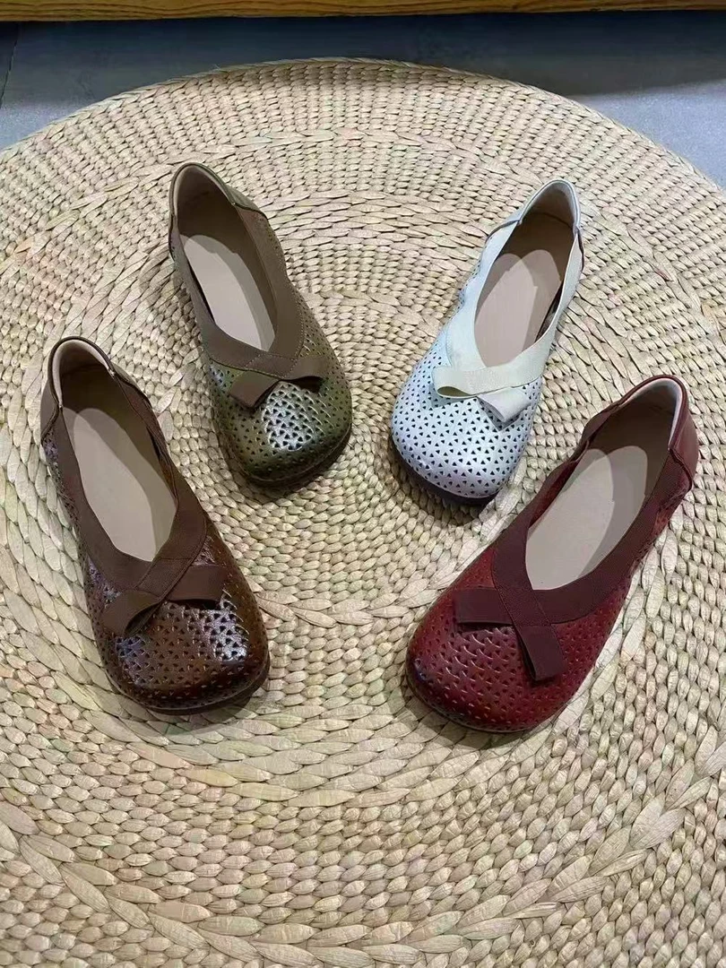 2025年新款真皮圆头浅口单鞋女平跟舒适百搭时尚镂空洞洞鞋女鞋潮