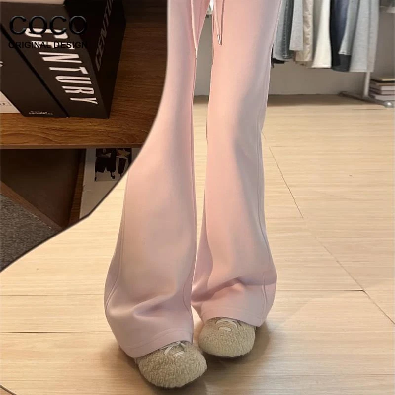 粉色加绒微喇休闲裤女2025冬季新款垂感马蹄裤子高腰慵懒运动裤子
