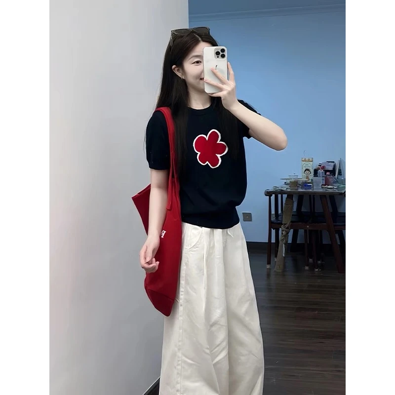 2025新款法式复古藏青色套装圆领短袖上衣+阔腿裤百搭显瘦两件套