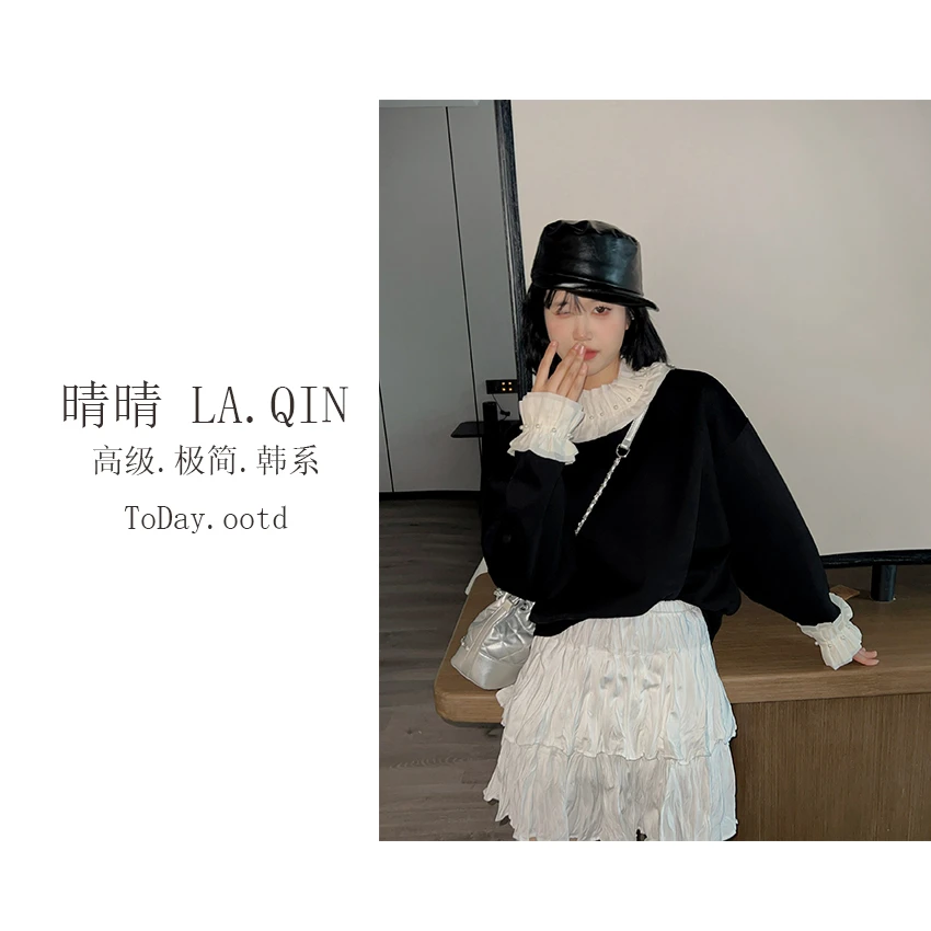 晴晴家-【港风甜妹】春季花边珍珠设计款港风休闲卫衣3920