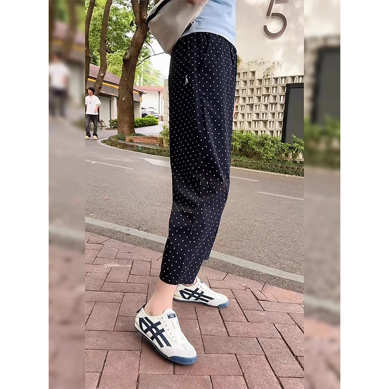 黑色波点运动裤女2025年夏季薄款时尚宽松显瘦休闲八分九分萝卜裤