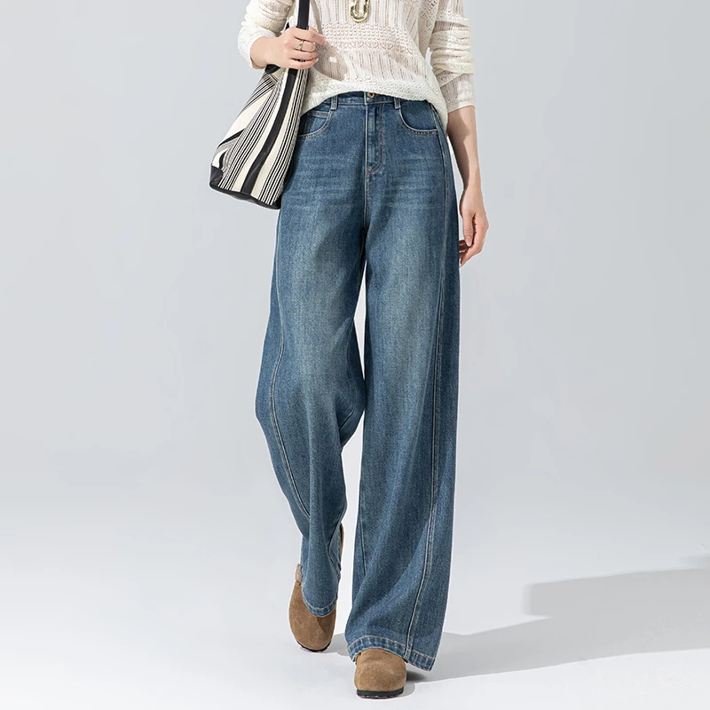 美式牛仔裤女2025新款秋季天丝棉阔腿裤设计感直筒裤蓝色水洗长裤