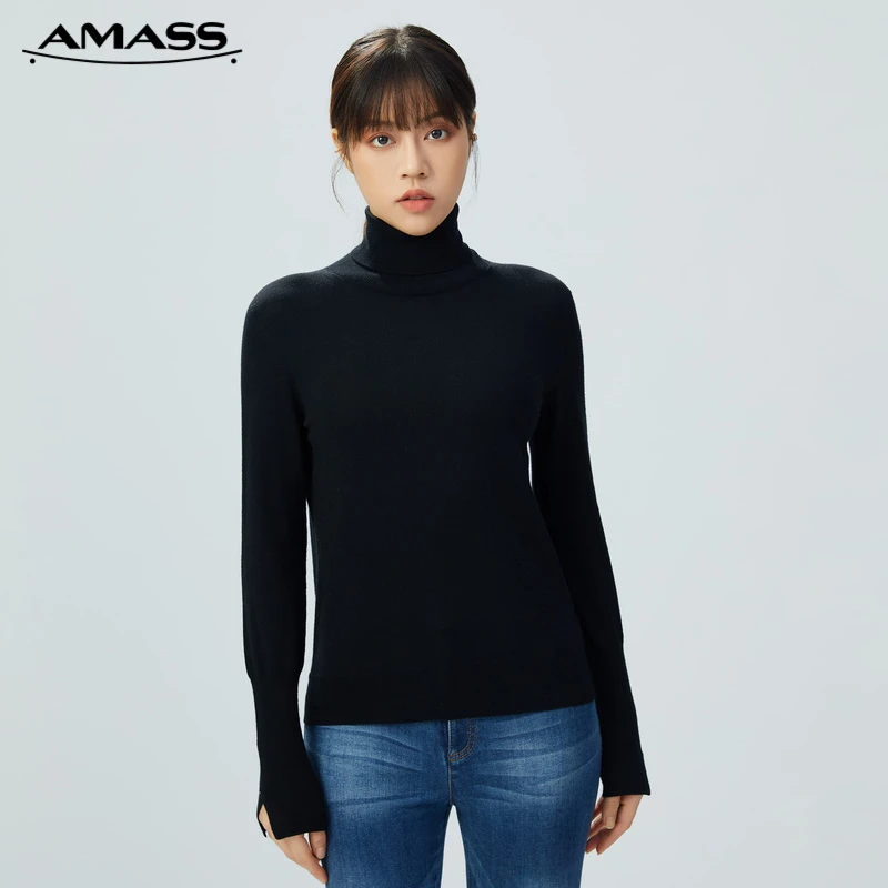 阿玛施女装新款简约纯色素面高领纯色高领女士羊毛打底衫
