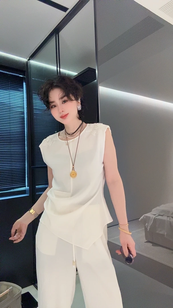 FANYE 2025夏季新款老钱风刺绣不规则下摆无袖套装1226