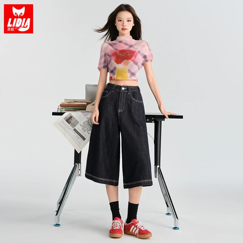 丹宁深蓝阔腿七分牛仔裤女2025夏季新款显瘦高腰宽松垂感直筒裤子