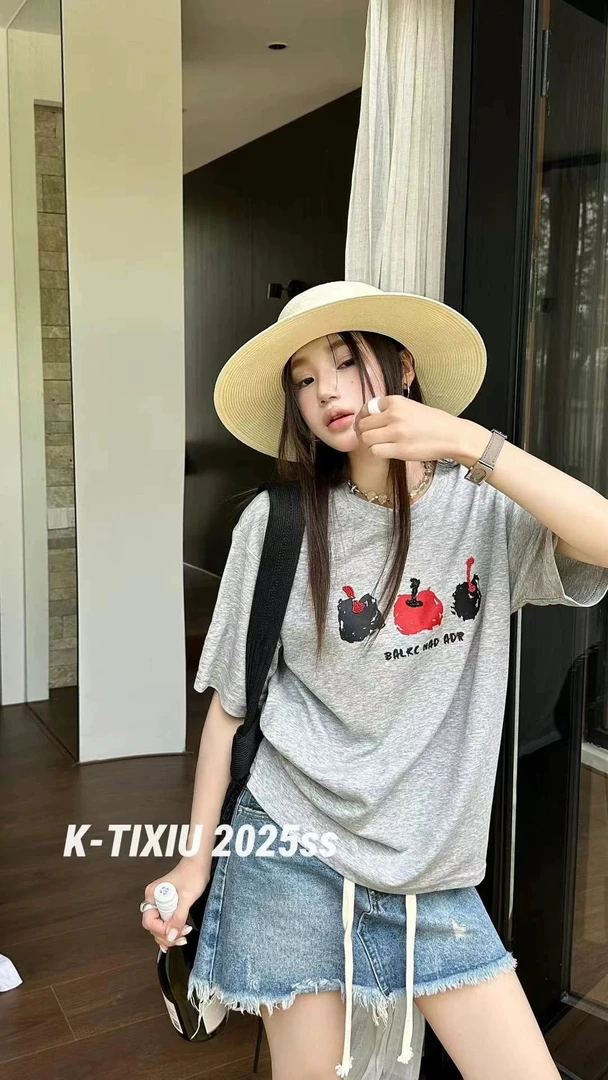广州十三行东大门涂鸦苹果印花正肩短袖T恤上衣夏1276