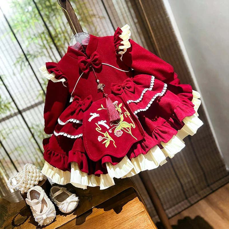 周岁女童连衣裙红色秋冬新款洋气新中式国风生日宝宝洛丽塔公主裙