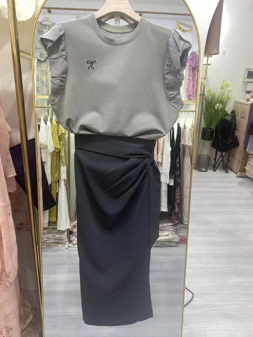 不起球设计师夏季圆领T恤纯色轻奢刺绣短袖染色