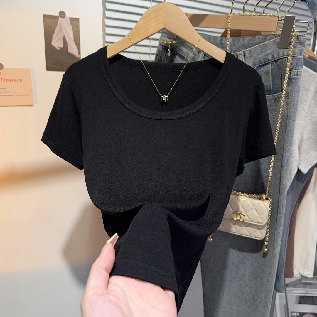 螺纹正肩U领T恤高品质早春新款打底衫低领短款短袖显瘦百搭上衣女