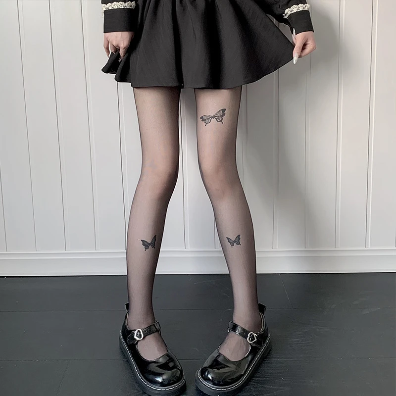 纯欲黑色印花蝴蝶丝袜女春秋款打底袜蝴蝶白丝连裤袜白色黑色袜jk
