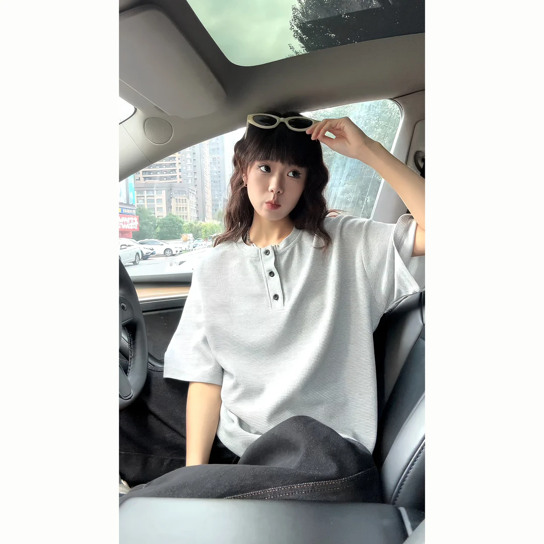 亨利领短袖T恤夏季薄款透气男生松弛感圆领打底衫华夫格休闲半袖