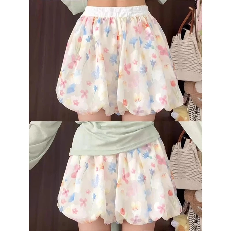 彩色冰丝花苞短裤女夏季薄款2025新款碎花外穿阔腿裤高腰宽松裙裤