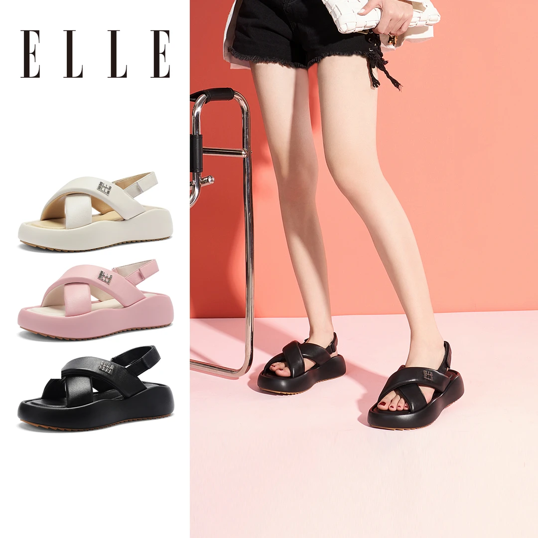 ELLE真皮厚底凉鞋女2025新款配裙子松糕软底小个子不累脚沙滩凉鞋