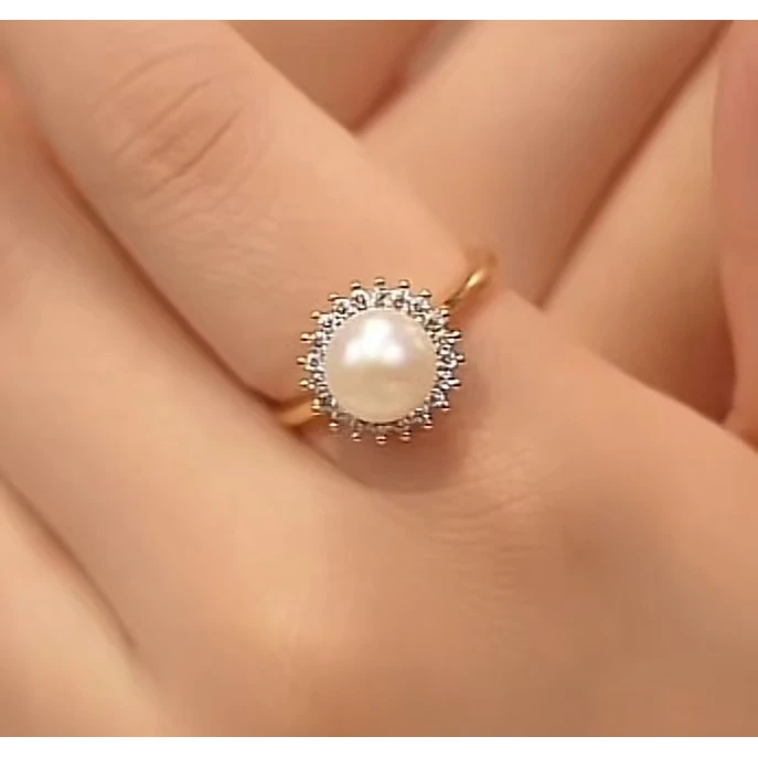 铜合金合成锆石戒指 时尚气质百搭白珠珠戒指5766