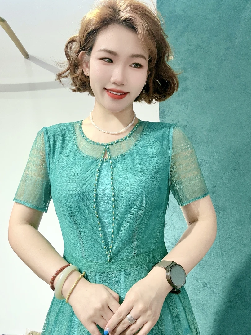 L 1516# 夏季连衣裙绿色蕾丝女装宽松时尚裙子