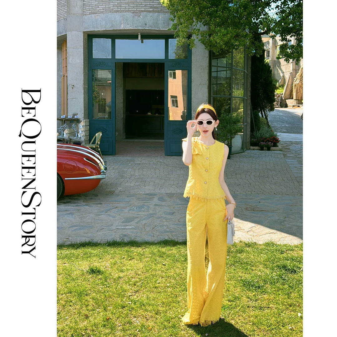 余潇潇【金奢贵女】时尚气质镂空100棉绣花马夹&直筒裤套装