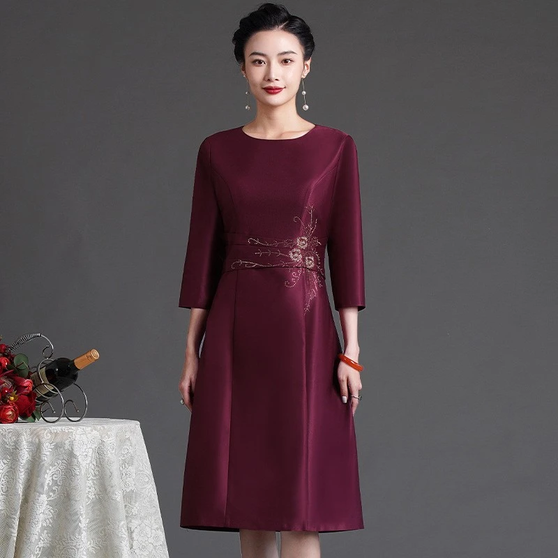 喜妈妈喜婆婆婚宴装春秋气质礼服结婚宴会紫红色中长款高贵连衣裙