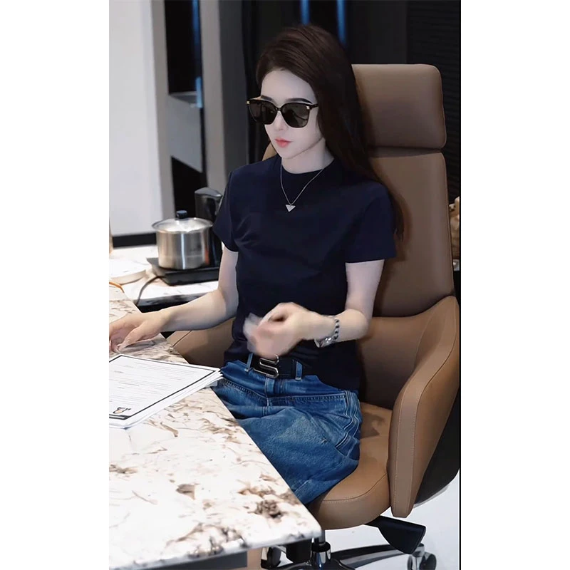 小个子潮流气质套装夏季圆领短袖T恤百搭牛仔短裤街头风两件套装