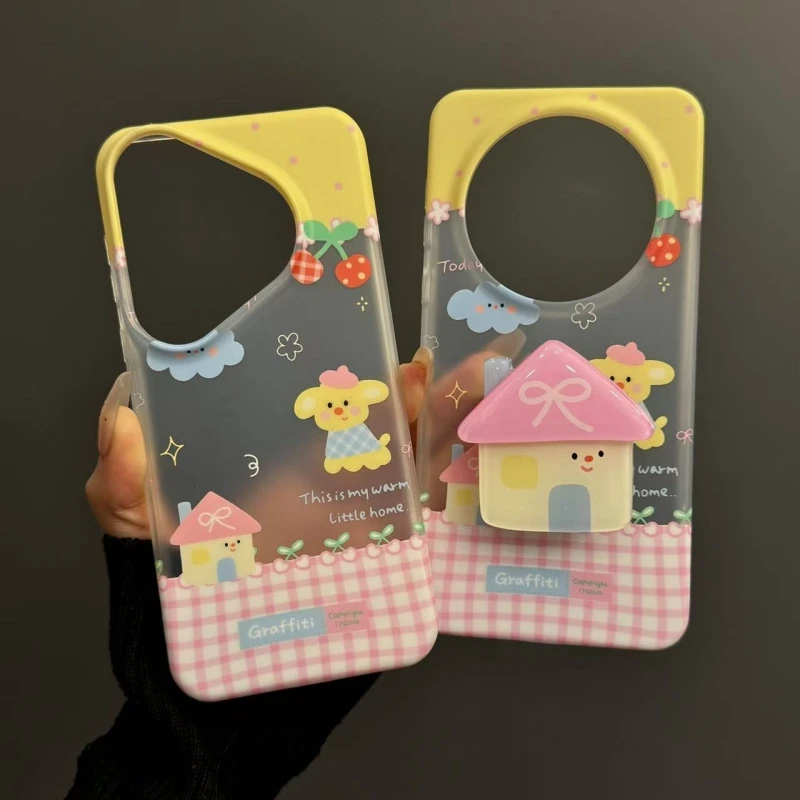 可爱粉帽小黄狗蝴蝶结屋顶适用华为mate70pr手机壳Pura70新款mt60