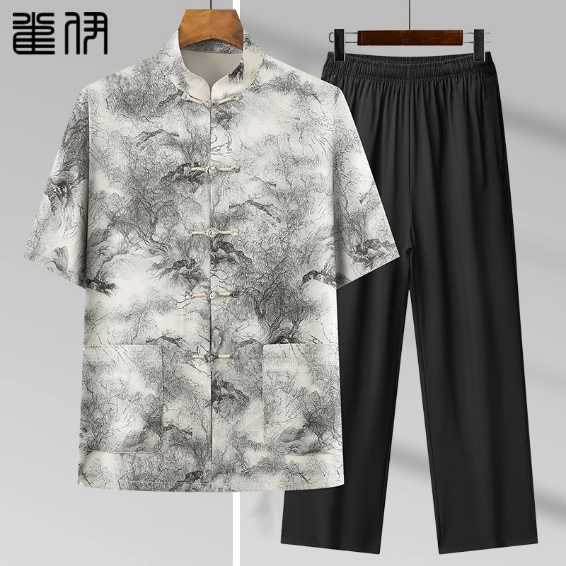 夏季男士中国风短袖唐装爸爸装薄款宽松衬衫爷爷夏装复古立领衬衣