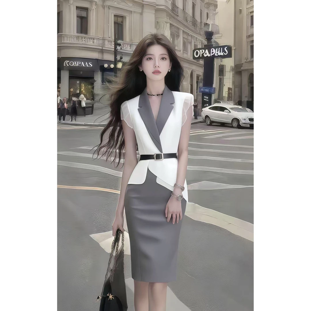 温柔知性风白色V领短袖修身上衣+灰色包臀百搭显瘦半身裙女套装