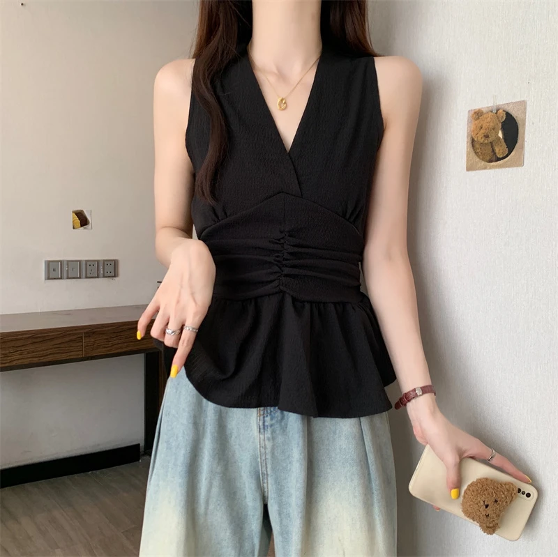 2025夏季新款韩版修身v领褶皱收腰显瘦潮流百搭背心小衫