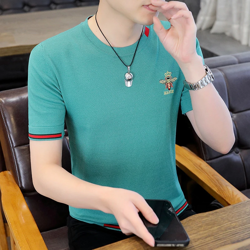 冰丝圆领短袖t恤男士薄款蜜蜂刺绣针织百搭冰丝宽松男士短袖t恤