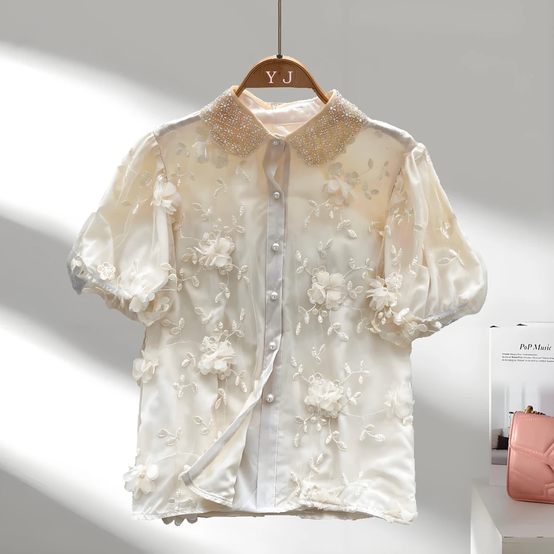 法式洋气复古风泡泡袖衬衫网纱刺绣宽松设计轻奢温柔上衣小众女装