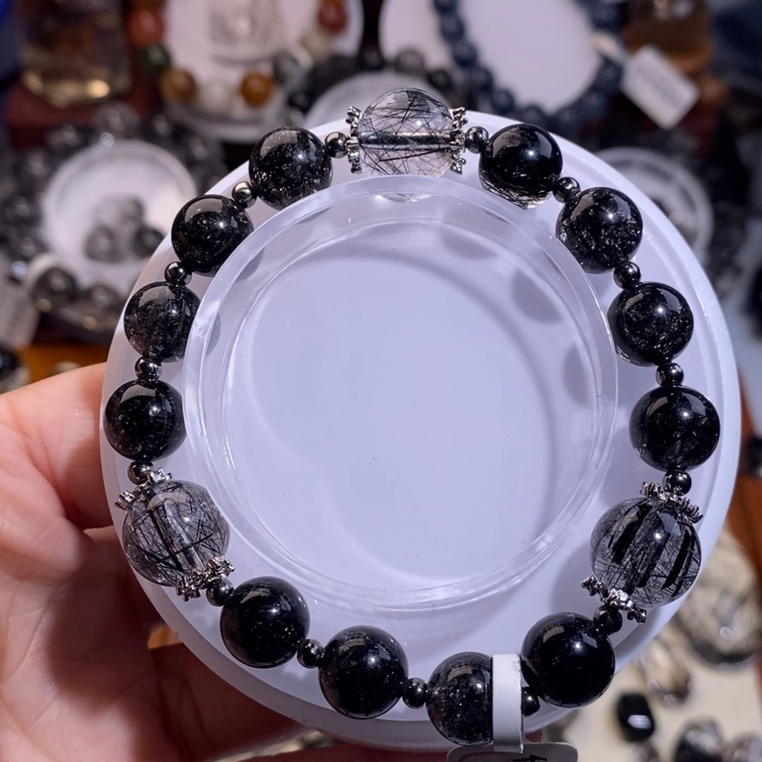 未镶嵌水晶手链黑发晶设计款10mm全透体满发蕾丝