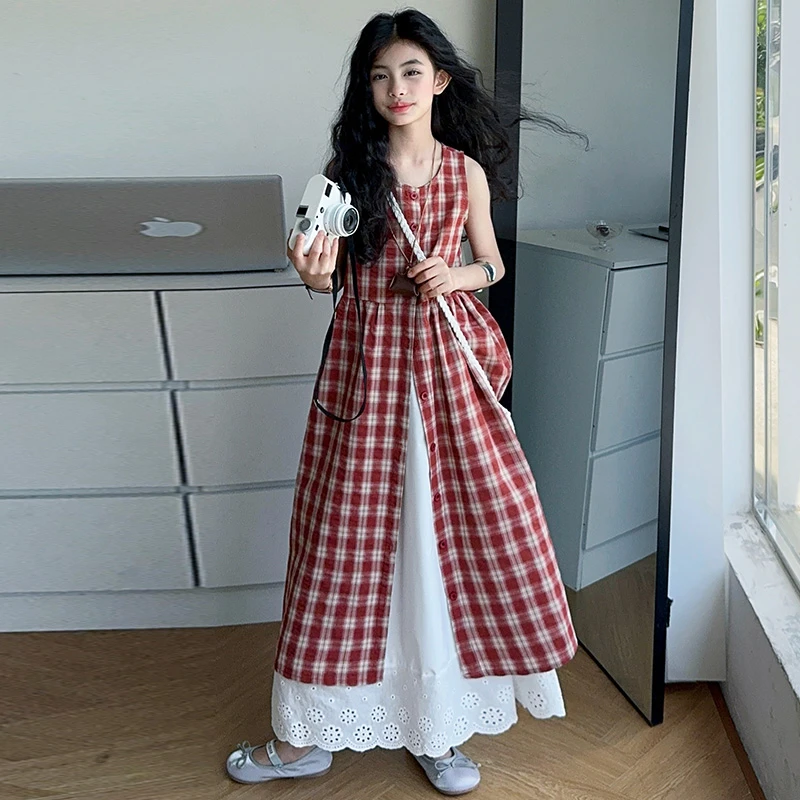 【酷哒仔】女童经典格子连衣裙白色半身裙两件套装2025夏季中大童潮