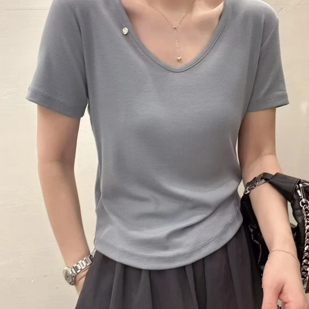 MISS RUILI  定制  夏季韩版修身U领短袖女百搭纯色T恤F0773