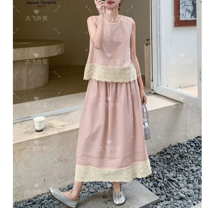 【天丝亚麻&镂空花边套裙】夏季新款圆领背心花边下摆套装裙DF151