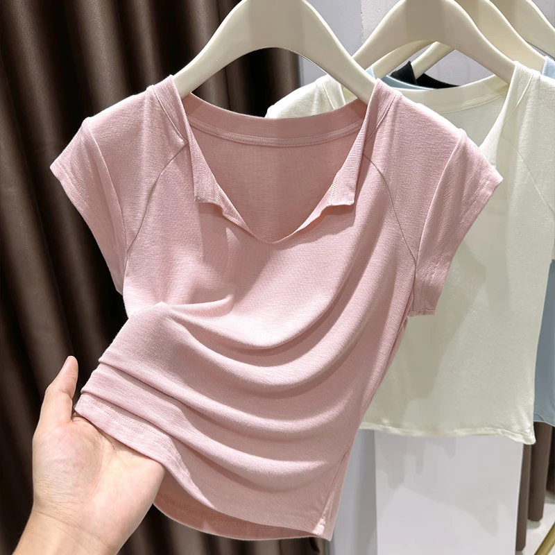 粉色气质V领短袖T恤女2025夏季新款小飞袖修身显瘦洋气正肩薄上衣