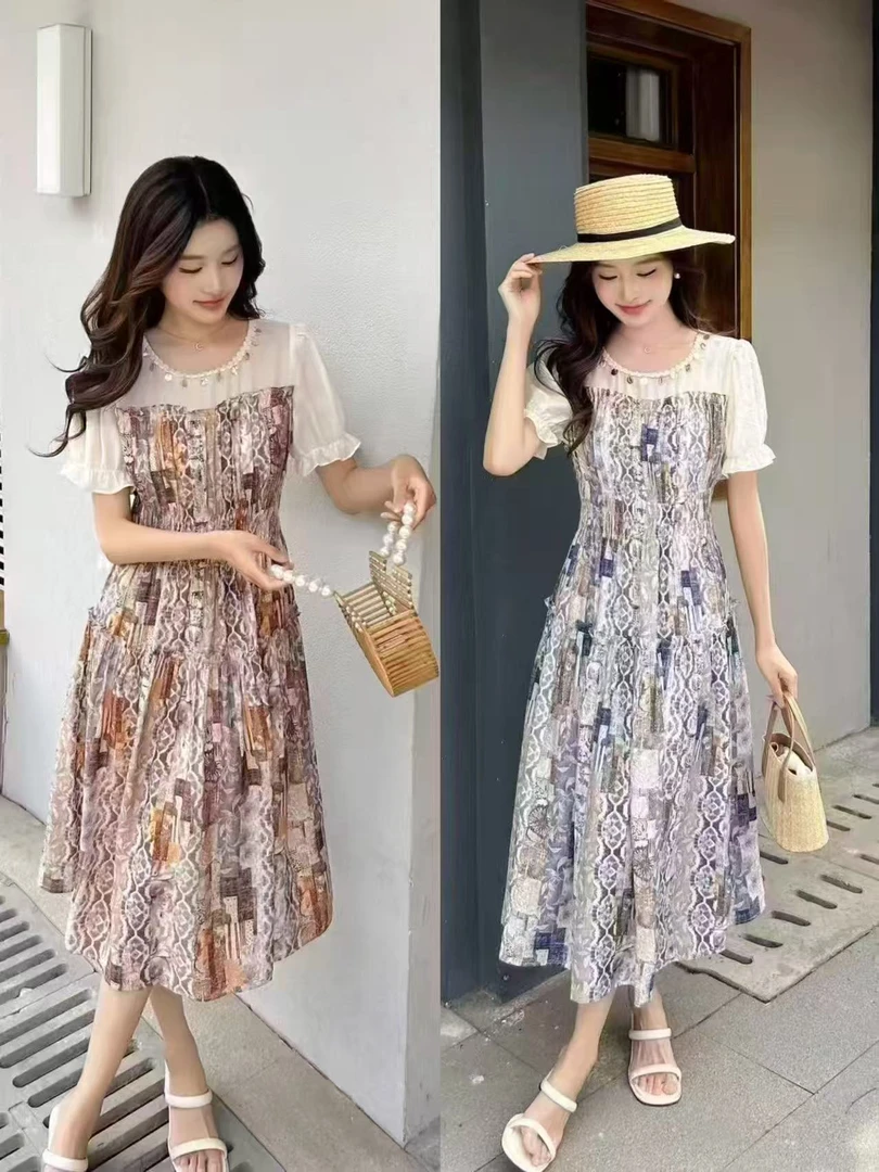 2025韩版田园风宽松印花裙子复古设计感小众a字长裙女夏HJ-1812