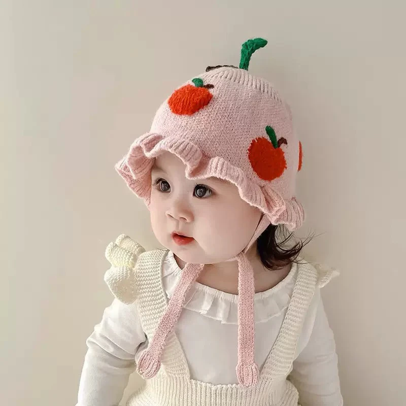 5-16个月苹果花苞宫廷帽宝宝帽子秋冬加厚保暖超萌针织护耳毛线帽