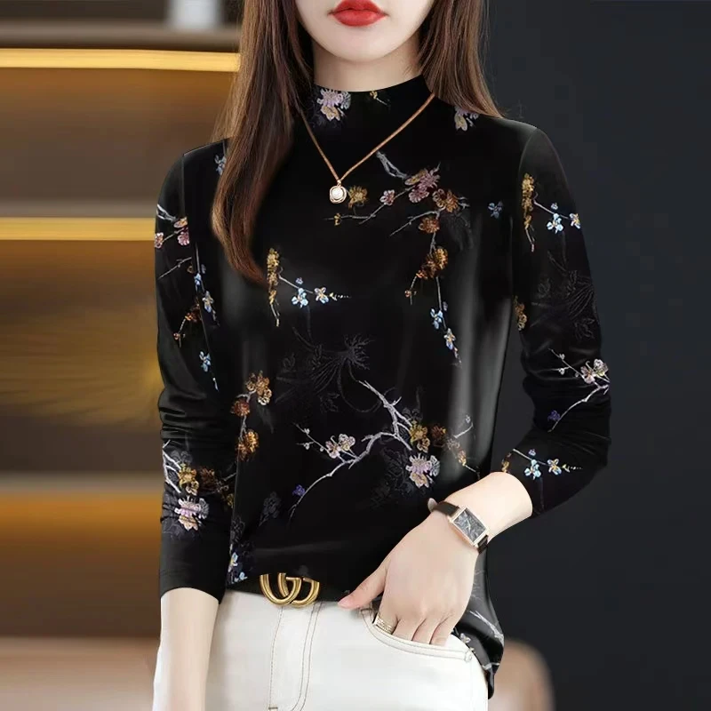 2025春秋新款妈妈装长袖半高领打底衫休闲贵气洋气T恤女显瘦上衣