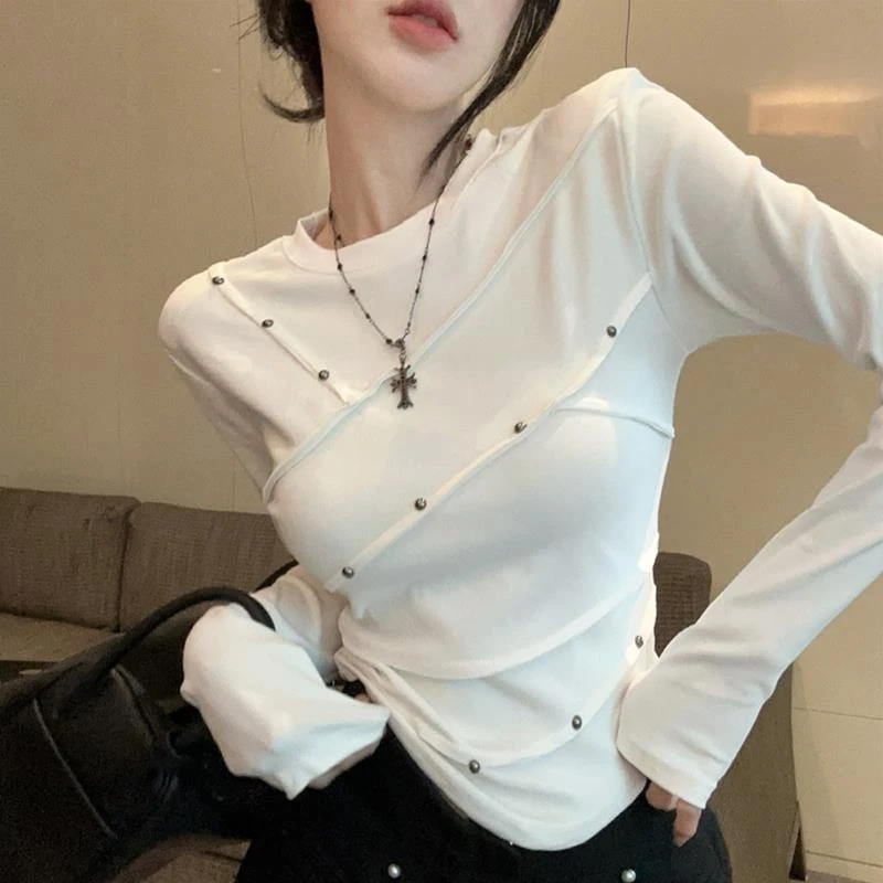 欧货时髦铆钉chic别致线条正肩长袖T恤女港味气质圆领内搭衣上衣