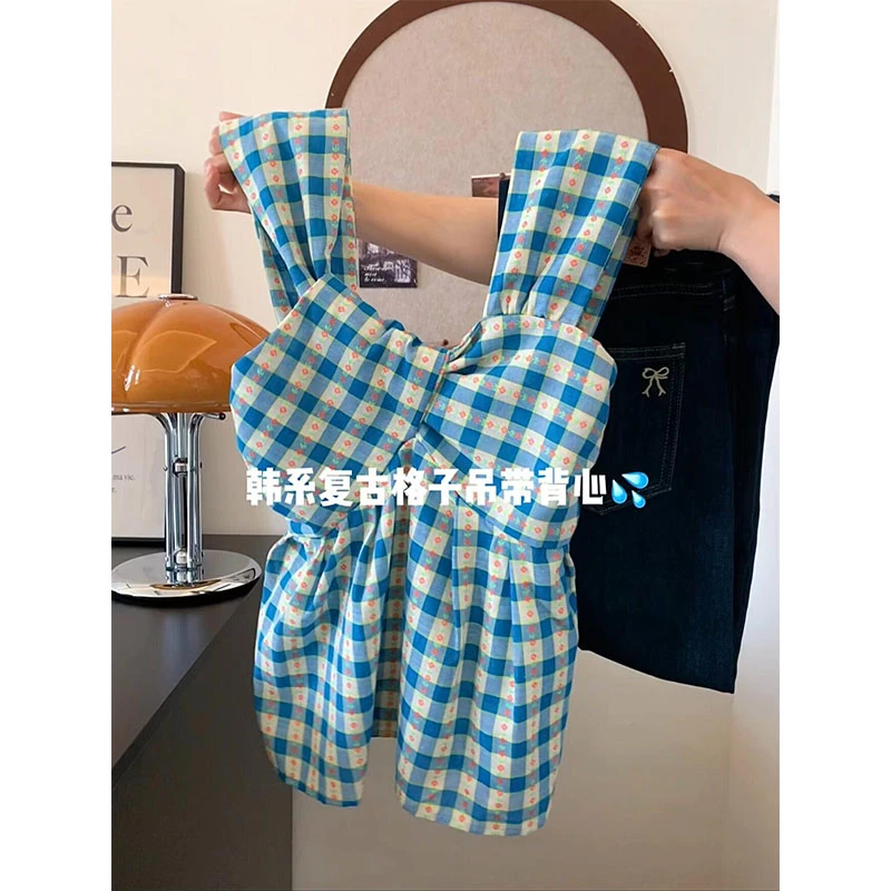 夏季穿搭一整套2025新款韩版格子印花吊带背心上衣牛仔裤两件套装